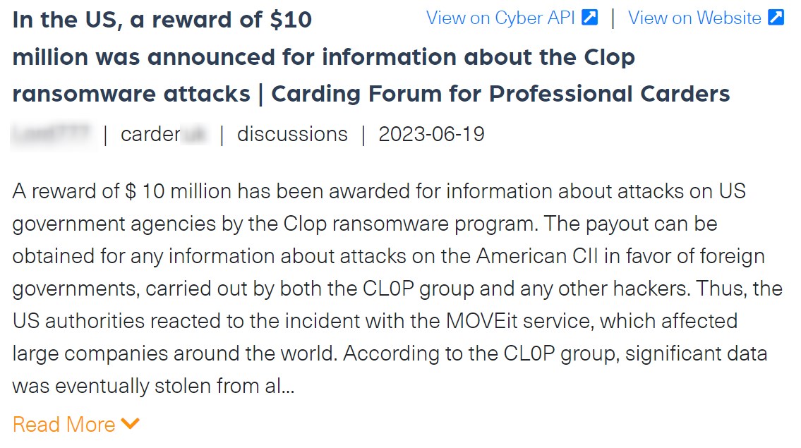 A post about the reward the US is offering to anyone who'd disclose the identity of the CL0P group members. the screenshot was taken from Webz.io's Cyber API