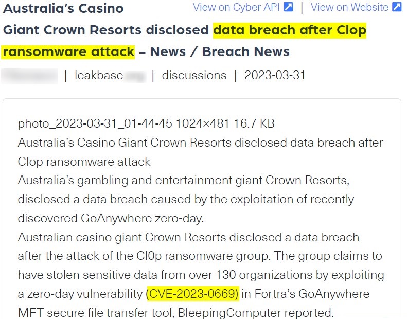 A post about a data breach against Australia's Casino Giant Crown Resorts in an attack related to CVE-2023-0669, the screenshot was taken from Webz.io's Cyber API