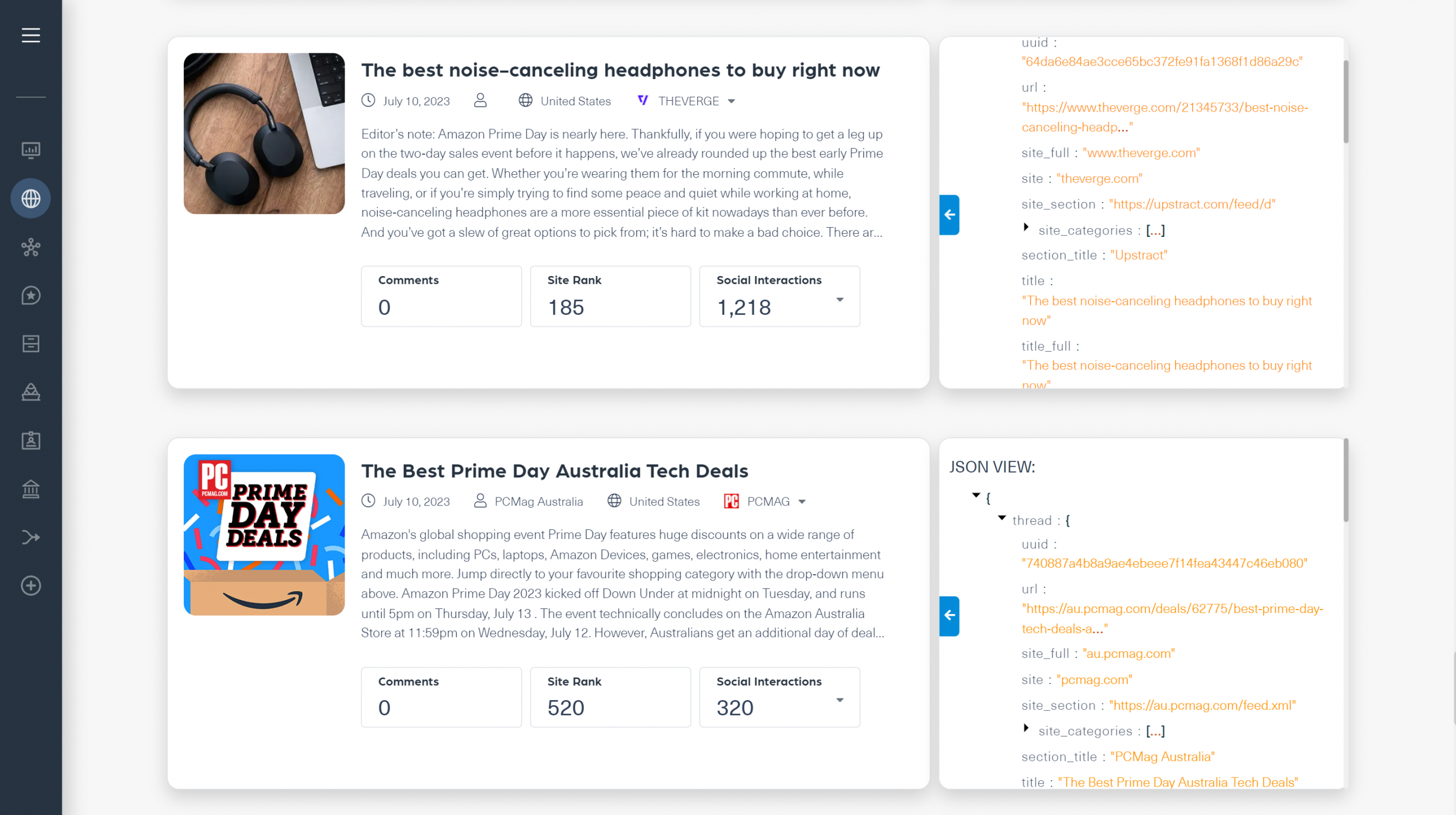 Results received by running the query above with the social filter on Webz.io's News API