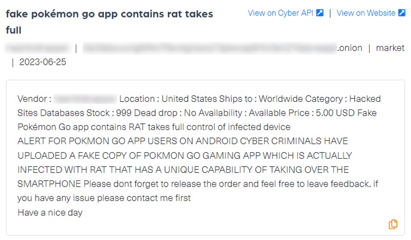 A post showing a vendor offering a fake Pokemon Go app on the darknet marketplace, AlphaBay, the image is taken from Webz.io's Cyber API