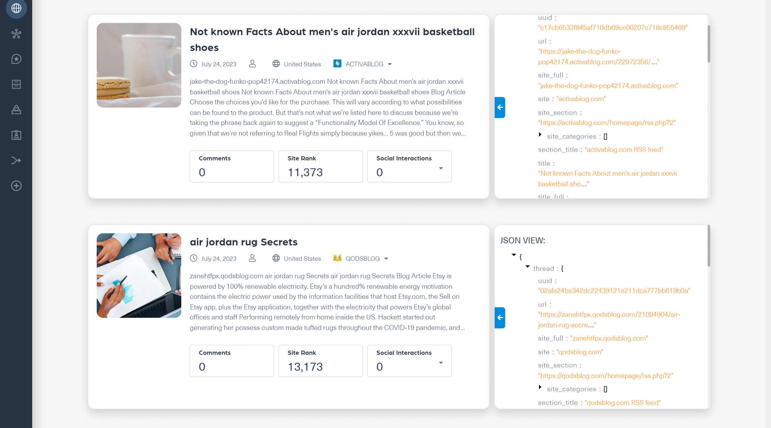 Example of the results you get when running a query on Webz.io's News API to retrieve news and blog data on Air Jordan with a layer of sentiment in English.