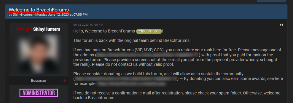 The new Breachforums admin announces that the forum is back