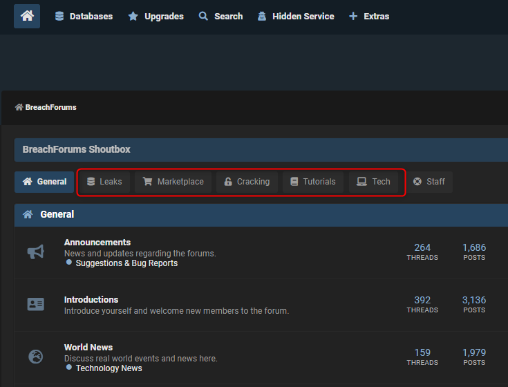 A screenshot of the main page of the new dark web forum Breachforums