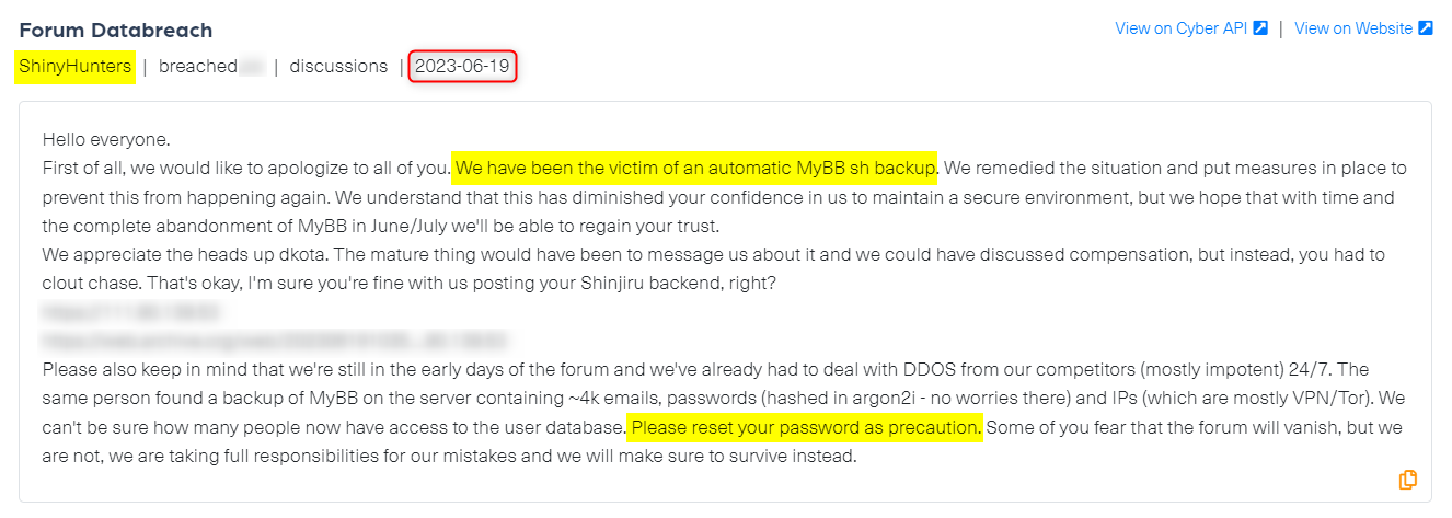 ShinyHunter’s post informing the members about the recent breach, the image was taken from Webz.io's Cyber API