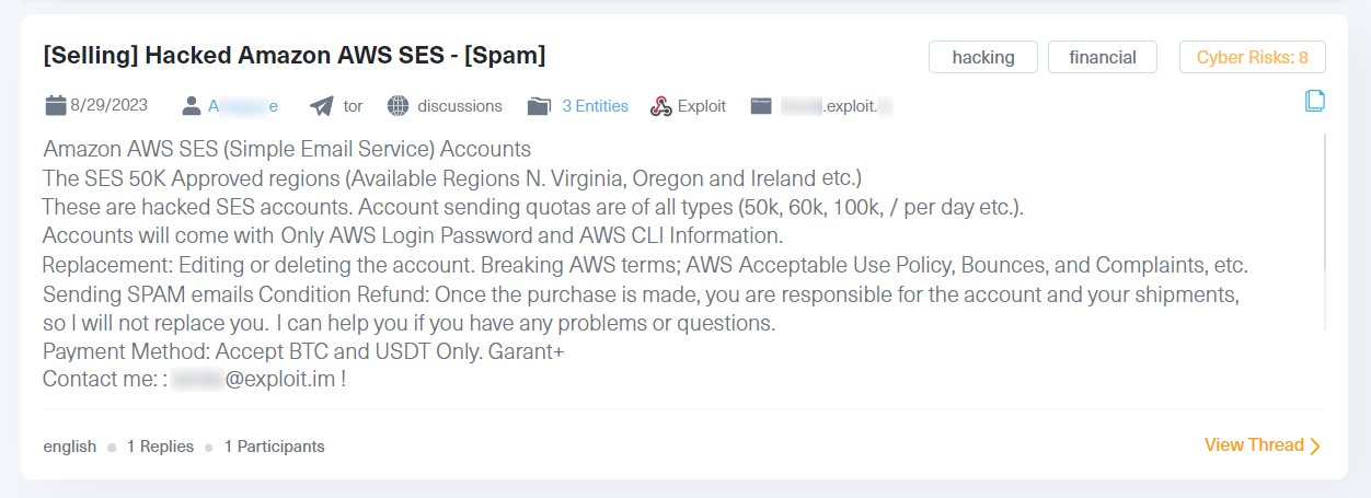 A post on Exploit where a threat actor is selling illicit access to Amazon AWS SES accounts