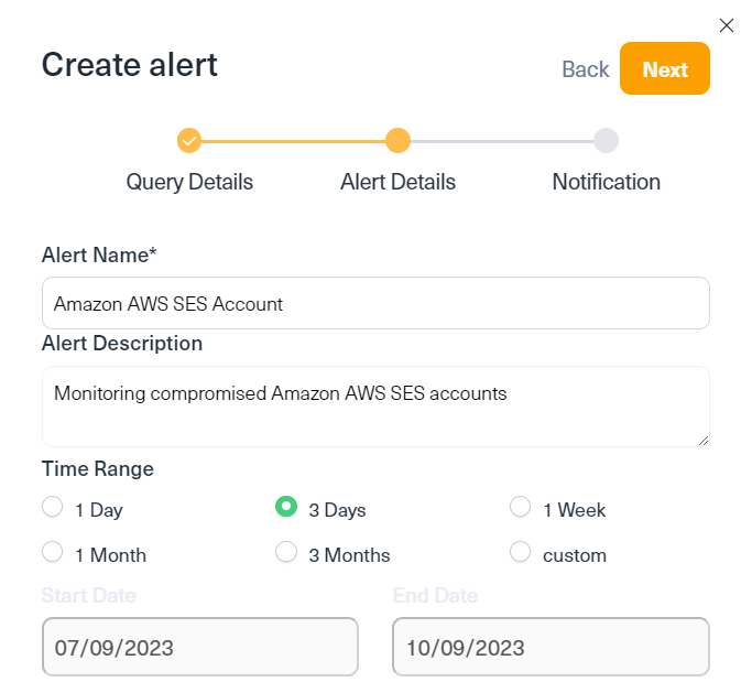 The first step of building an alert on Lunar, Webz.io's dark web monitoring tool