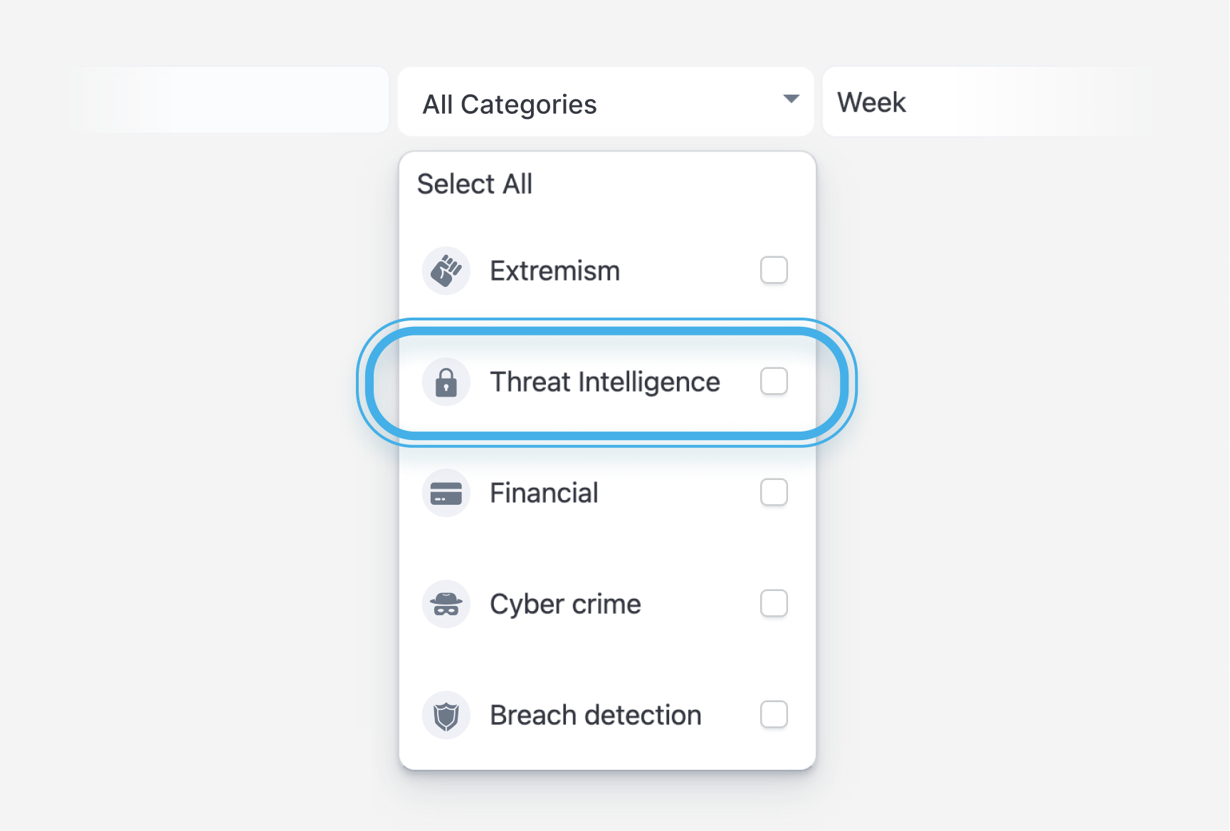 Setting a category for your search when using Lunar, Webz.io's dark web monitoring tool.  They include: Threat Intelligence, Financial, Cyber Crime, Extremism, or Breach Detection