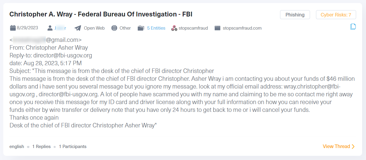 A post showing a potential phishing threat associated with Christopher A. Wray