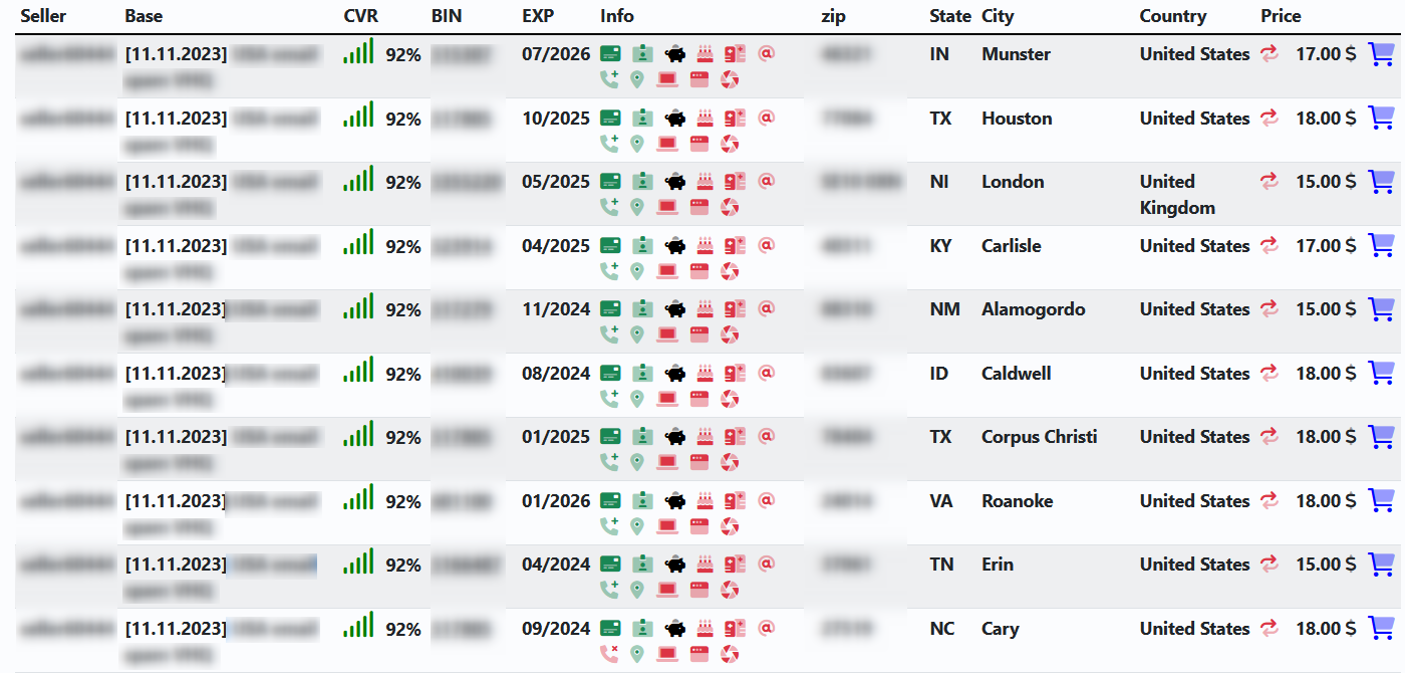 A screenshot showing the cards section on BidenCash