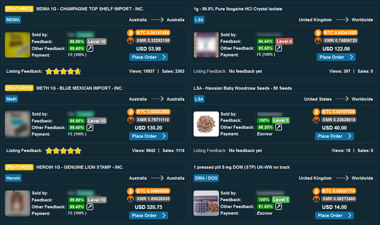 A screenshot of listings of drugs offered for sale on Abacus Market
