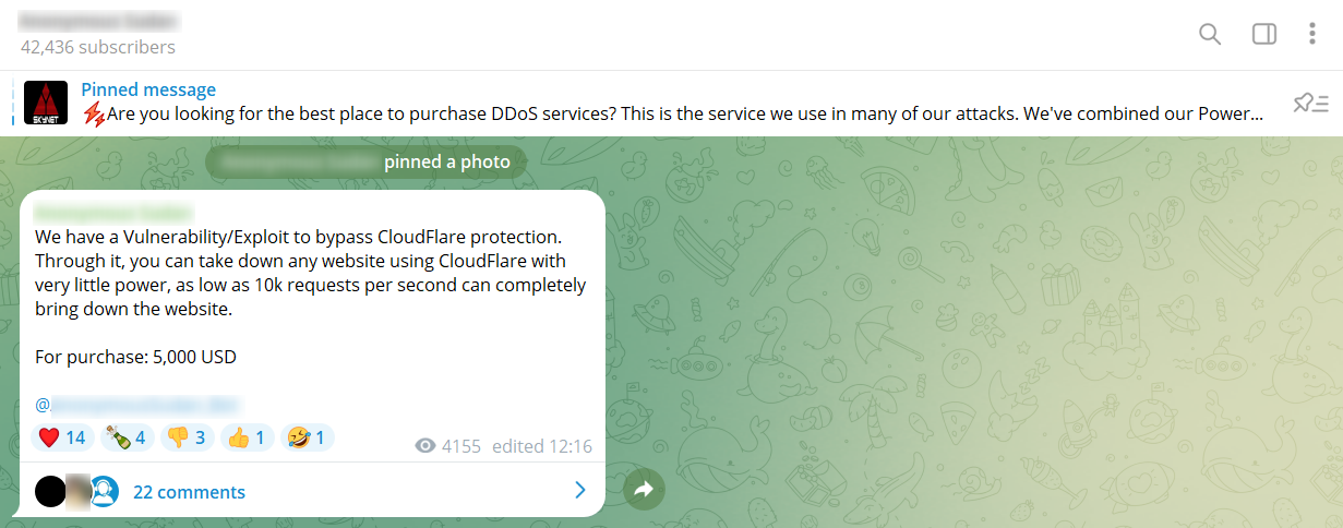 A vulnerability to bypass CloudFlare is offered by a known Hacking group on Telegram