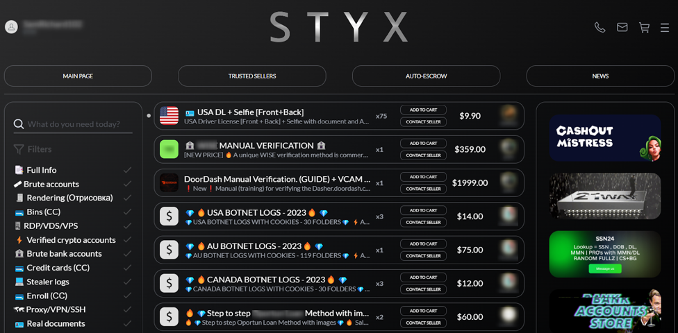 A screenshot of the STYX Market homepage