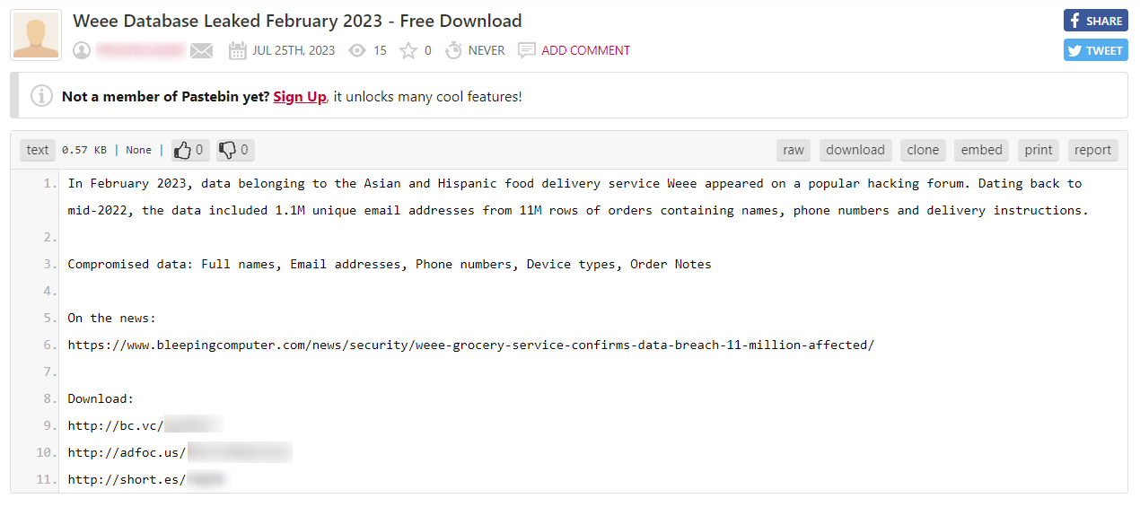 A paste on Pastebin, in which a database belonging to Weee, an Asian and Hispanic food delivery service that suffered a data breach recently, is available for download for free