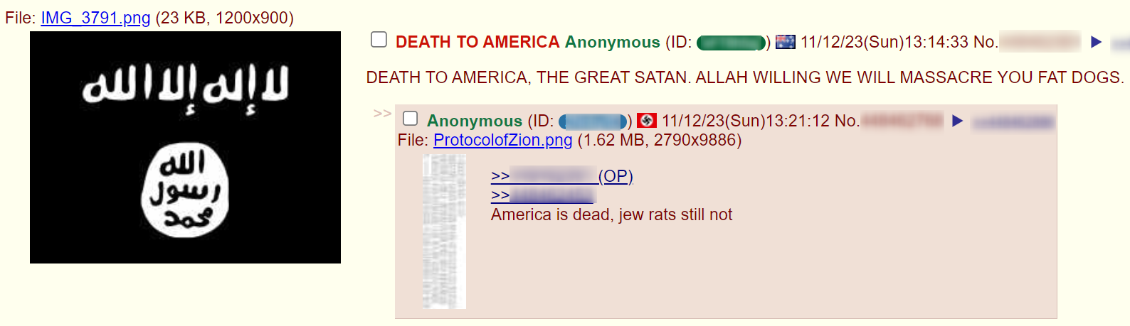An image of extremist anti-Jewish and anti-American post by supporters of ISIS and Nazisms on 4chan