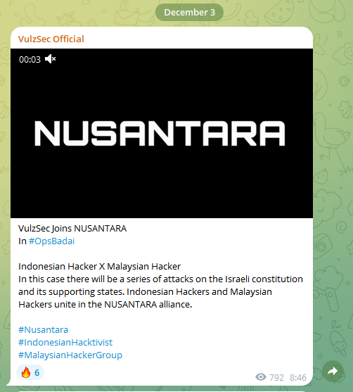 A screenshot of a message sent by VulzSec on their main Telegram channel, in which they threaten Israel and its allies