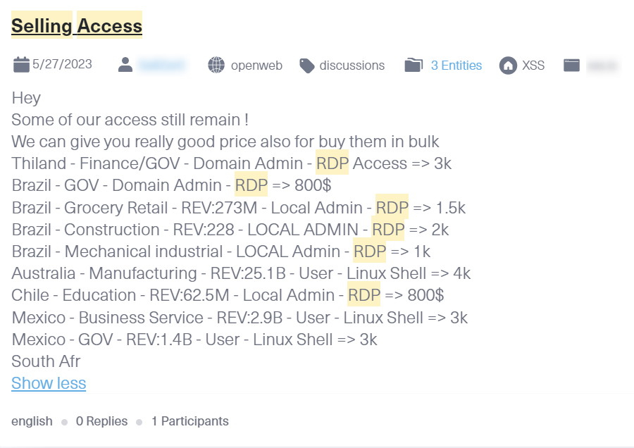 A post showing an Initial Access Broker selling RDP access to various GOV domains on XSS forum, the image was taken from Lunar