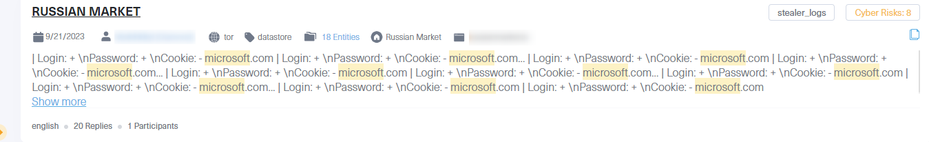 An example of a stealer log published on Russian Market which includes a compromised Microsoft account, the image was taken from Lunar