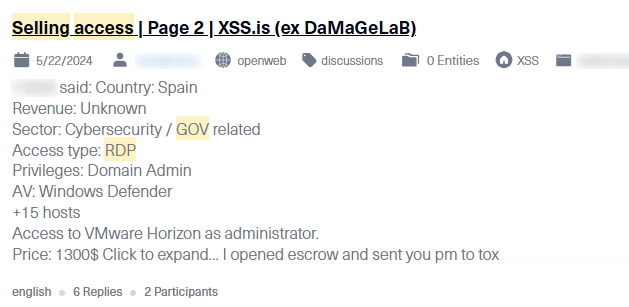 A post showing an Initial Access Broker selling RDP access to on XSS forum, the image was taken from Lunar
