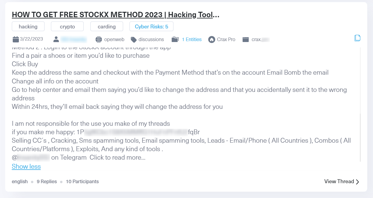 An example of other accounts we traced belonging to the same threat actor, including his Telegram account