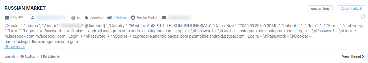 Threat actor selling a mobile info-stealer log on Russian Market