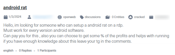 Threat actor looking to buy a Remote Access Trojan (RAT) for every Android version