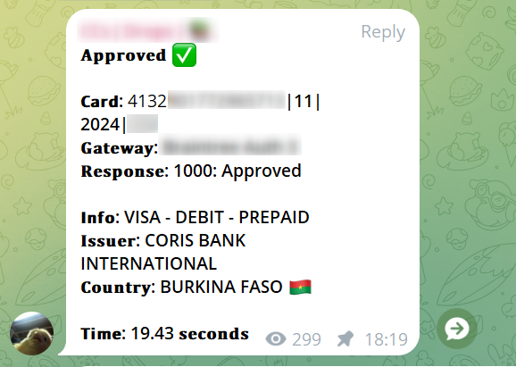 Member of a Telegram carding group sharing credit card details including the full number, expiry date, CVV, issuer, and country.