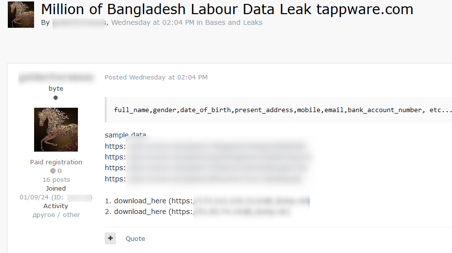Screenshot showing a threat actor claiming to have leaked a Tappware.com database containing millions of records.  