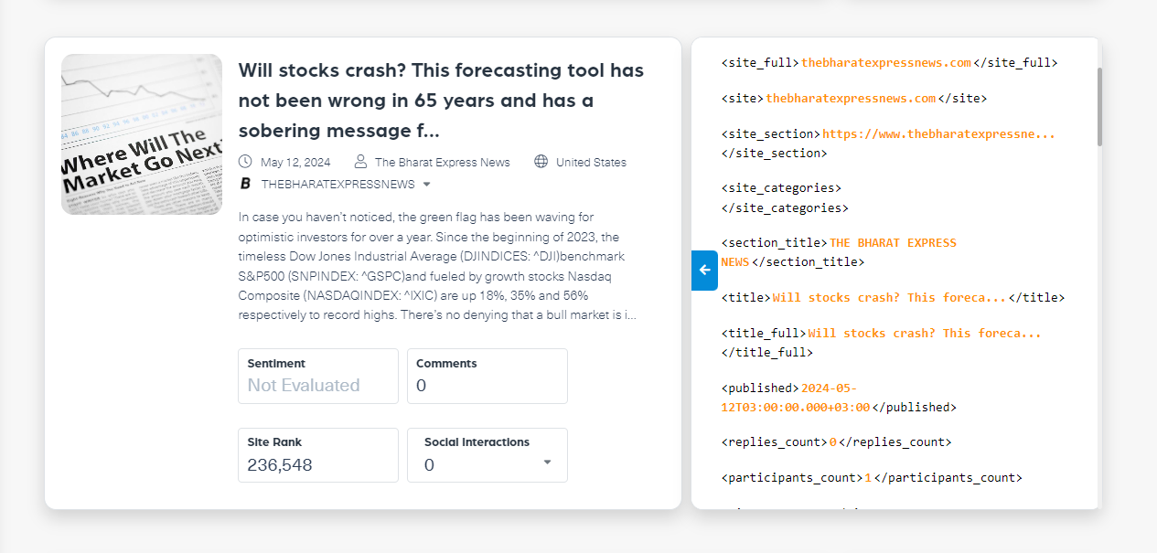 Screenshot of a response from the Webz.io News API in XML format