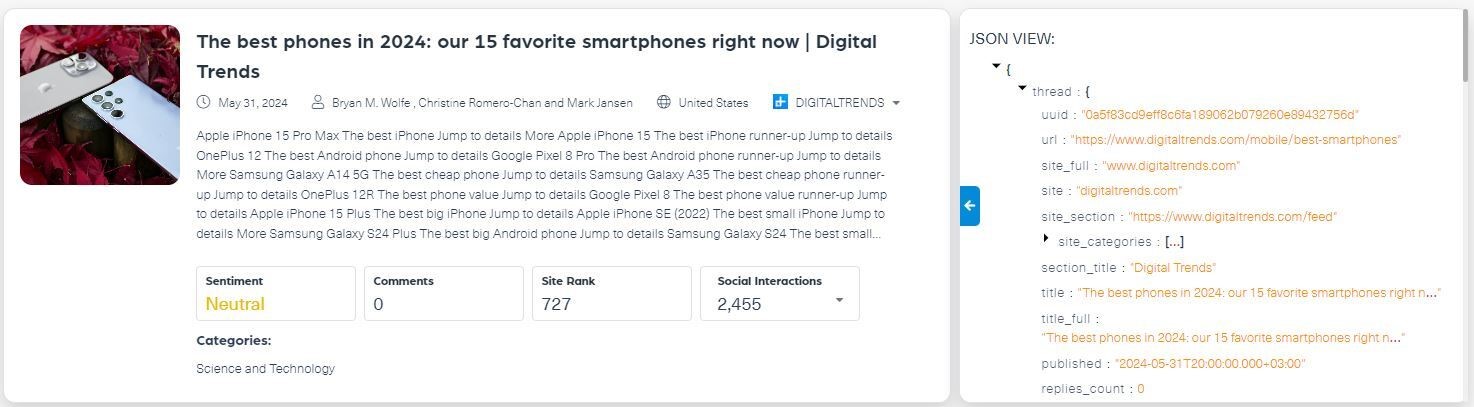 Example of results from a query for English news articles mentioning Samsung or Samsung Galaxy in the title where the article received a performance score of 8 or higher.