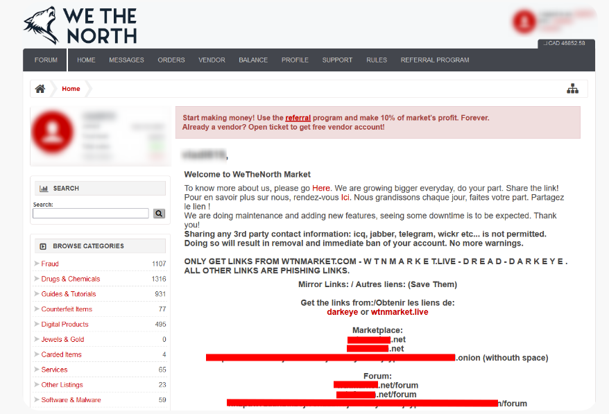 Screenshot of the WeTheNorth dark web marketplace home page.