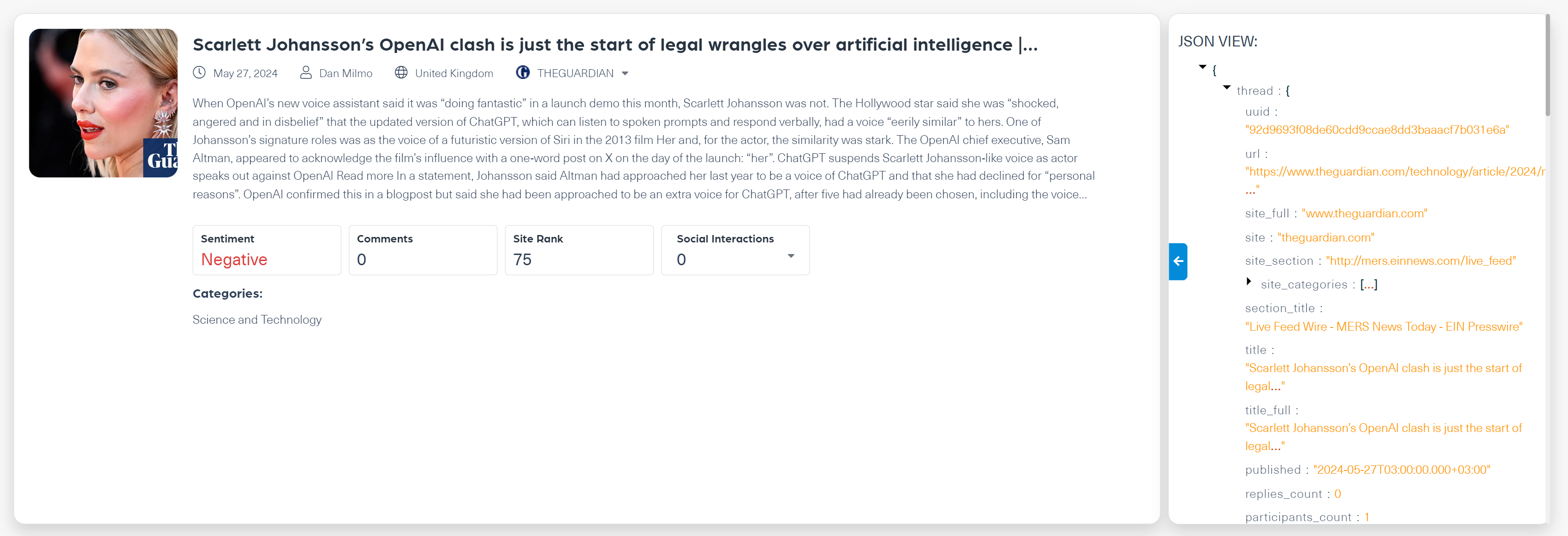 Example of results from a query for news in English about OpenAI, ChatGPT, or large language models (LLM) in the top news sites.