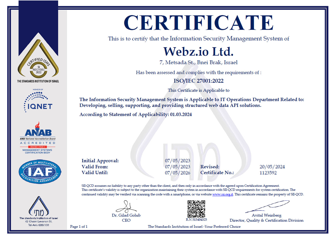 Webz.io ISO 27001 Certificate