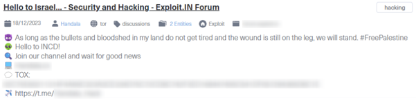 A screenshot from Lunar of a post where a user associated with Handal shared details of their attack, contact information, and a link to their site.