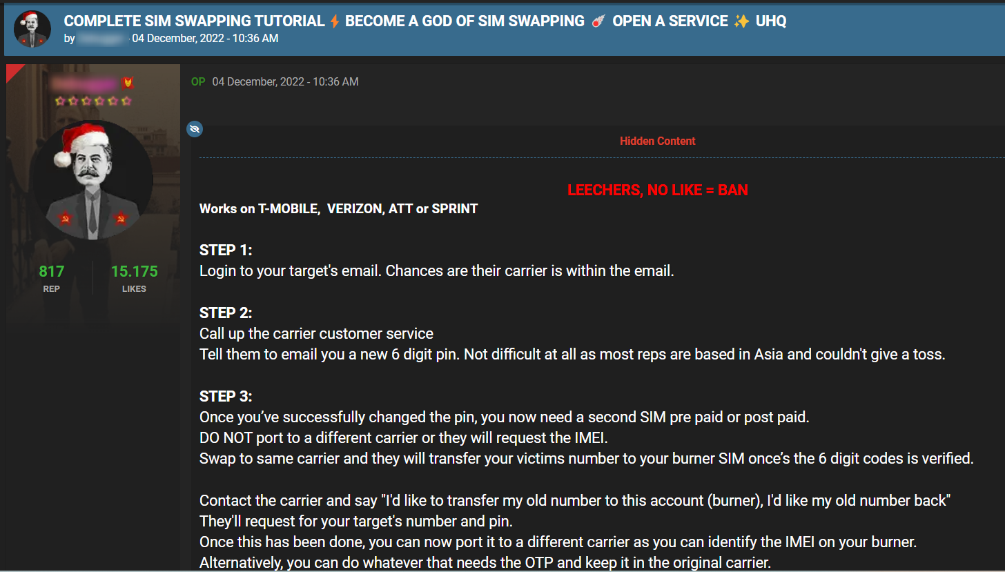 Social engineering tutorial posted by a threat actor detailing how to successfully SIM swap