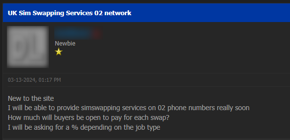 An image showing a threat actor on the popular dark web forum OmniForums offering SIM-swapping services