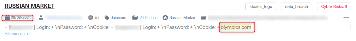 Stolen "olympics.com" login credentials for sale on a Russian market, a well-known dark web data store 
