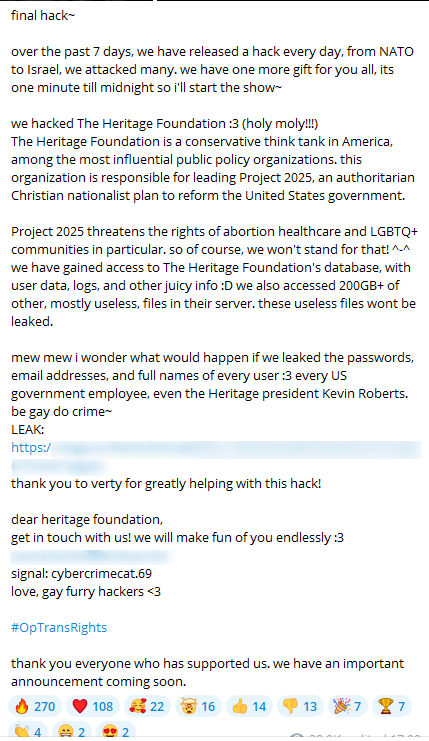 Screenshot taken from the official Telegram channel of SiegedSec, where the group leaked data belonging to The Heritage Foundation.