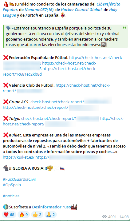 Screenshot taken from Cyber Army of Russia Reborn’s Telegram channel showing different entities that were targeted in Spain.