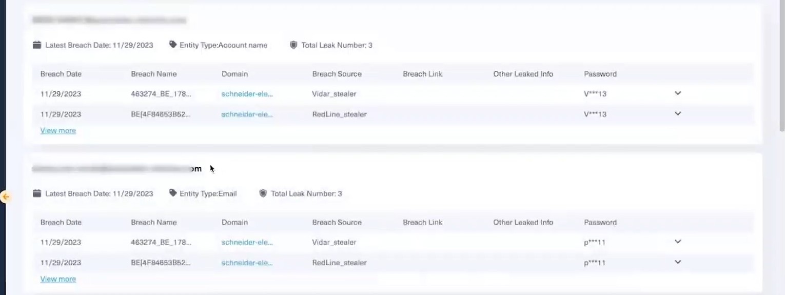 Screenshot of Lunar, stealer logs showing PII from Schneider Electric employees. 
