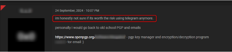 
Screenshot from Lunar showing a crime forum with users who call to ban Telegram.
