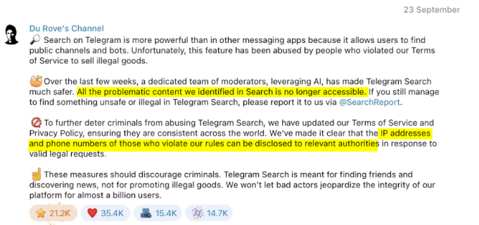 Pavel Durov's official announcement about Telegram's changes. 
