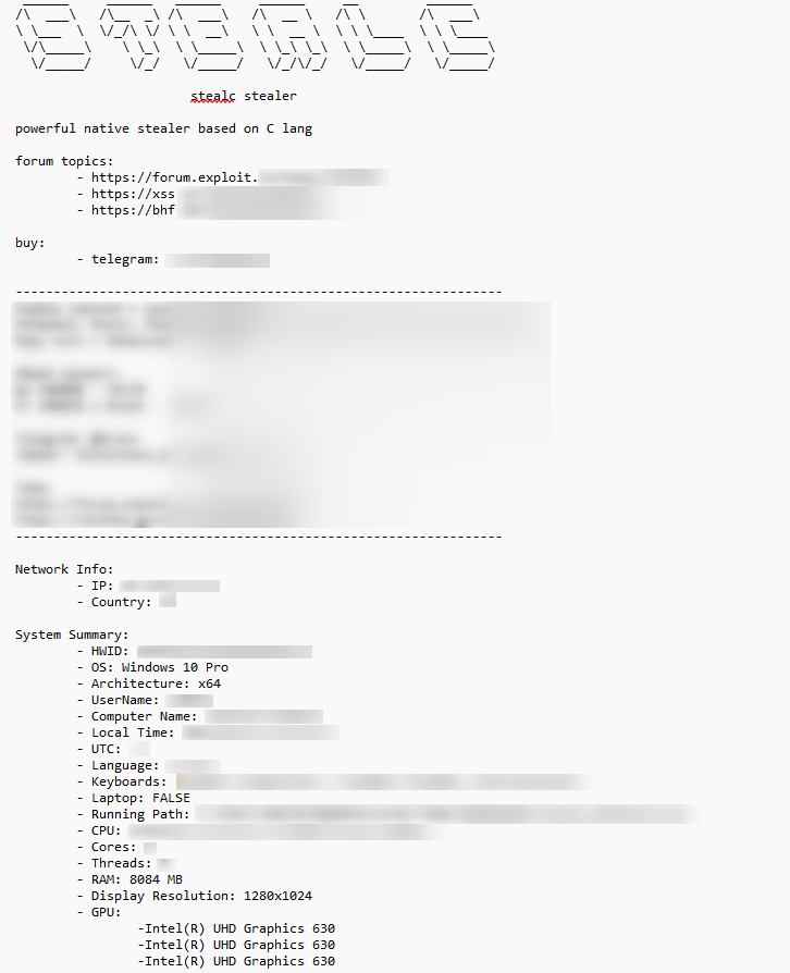 An example of a leaked ‘system_info’ file containing the StealC logo and key information.