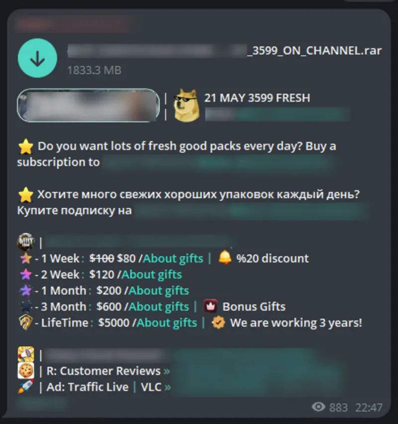 Screenshot from Lunar showing a Telegram post. The post offers a subscription plan for buying stolen credentials on the dark web.