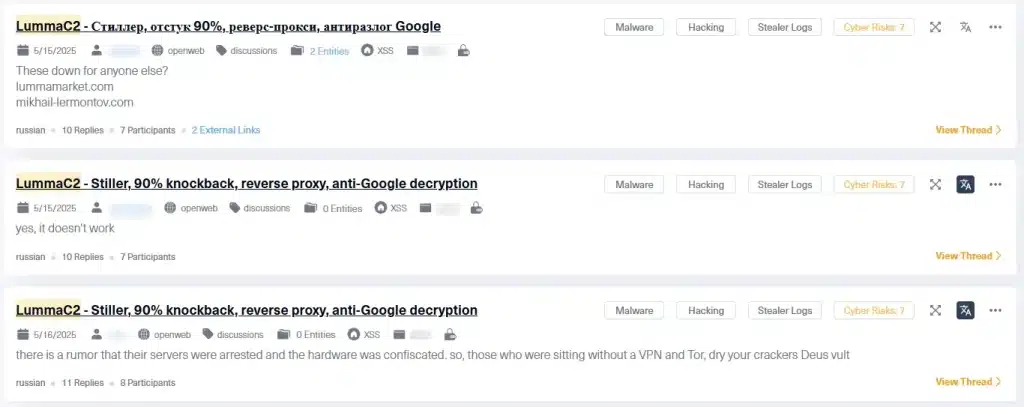 A string of translated messages on the official XSS Lumma thread, as captured by our dark web monitoring tool, Lunar.