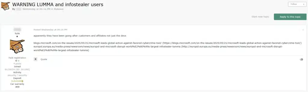 A new thread opened on XSS on the 21st of May, where a user warns other Lumma customers